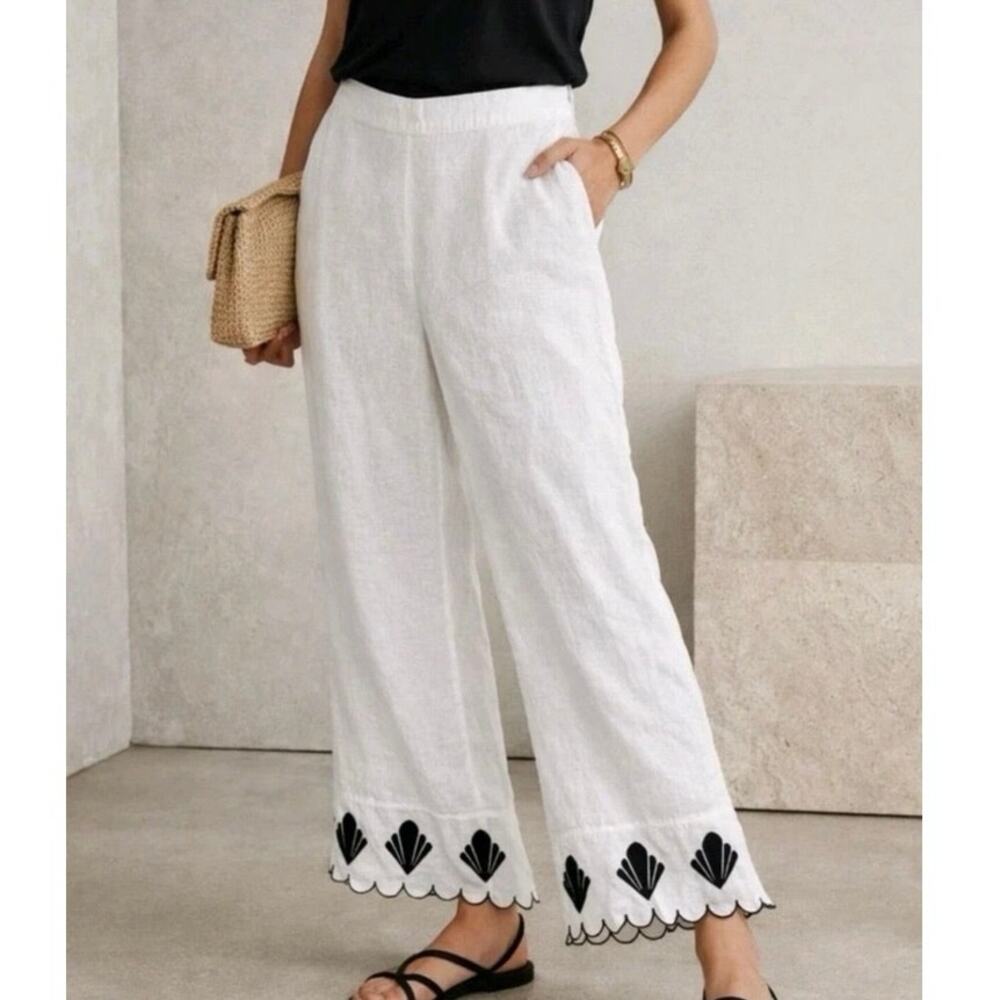 Calypso St Barth Womens Sz L White Linen Wide Leg Beach Pants black Embroidered